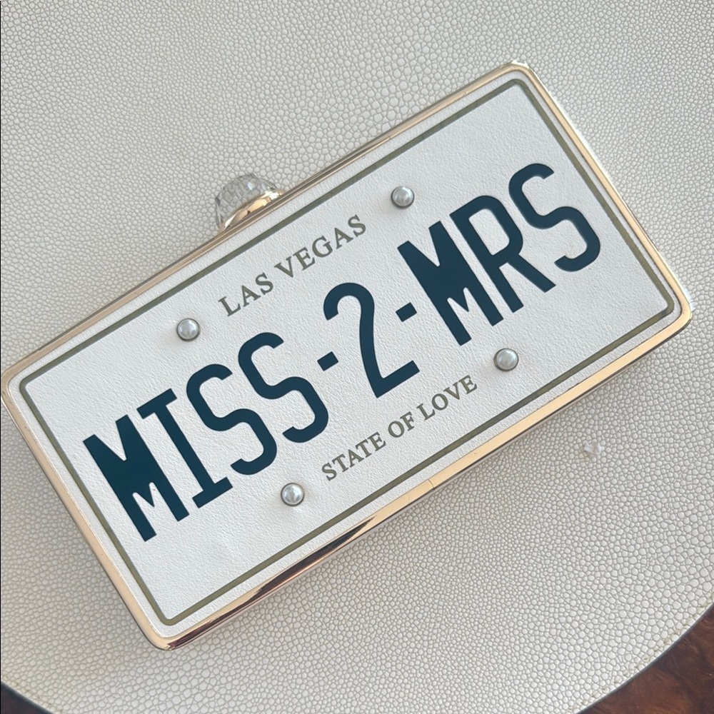 Aldo White and Gold License Plate Clutch